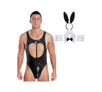 FEESHOW Mens Rabbit Man Cosplay Costume Tuxedo Sexy Lingerie Set Role Play Uniform Nightclub Outfit Black XL