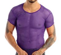 FEESHOW Mens See Through Sheer Mesh T-Shirt Muscle Tank Tops Tees Vest Fishnet Shirt Undershirts Purple M
