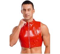 FEESHOW Men's Shiny Leather Vest Camisole Sleeveless Wet Look Crop Tank Tops Metallic Latex Tee Blouse Red M