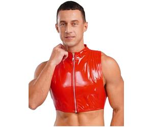 FEESHOW Men's Shiny Leather Vest Camisole Sleeveless Wet Look Crop Tank Tops Metallic Latex Tee Blouse Red M