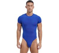 FEESHOW Mens Short Sleeve Mankini Bodysuit High Cut Thongs Leotard Tops Workout Rompers Undershirts Blue L