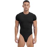 FEESHOW Mens Short Sleeve Mankini Bodysuit High Cut Thongs Leotard Tops Workout Rompers Undershirts Black XXL