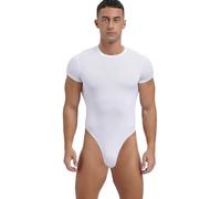 FEESHOW Mens Short Sleeve Mankini Bodysuit High Cut Thongs Leotard Tops Workout Rompers Undershirts White XL