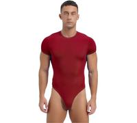 FEESHOW Mens Short Sleeve Mankini Bodysuit High Cut Thongs Leotard Tops Workout Rompers Undershirts Burgundy XXL