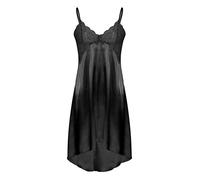 FEESHOW Mens Sissy Cross-Dressing Nightwear Sheer Lace Satin Nightdress Irregular Hem Dress Sleepwear Black M
