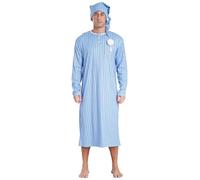 FEESHOW Men's Sissy Nightwear Loose Striped Robe Long Sleeve Nightshirt with Pompom Cap Pajama Sets Dusty Blue M