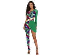 FEESHOW Native Costume for Women Cosplay Dance Leotard One Shoulder Irregular Hem Leopard Printed Halloween Wear Green XL