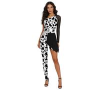 FEESHOW Native Costume for Women Cosplay Dance Leotard One Shoulder Irregular Hem Leopard Printed Halloween Wear Black XL