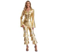 FEESHOW Retro 70s Disco Costume for Women 70s Outfits Shiny Movie Star Flare Jumpsuit Hippie Rompers Gold S