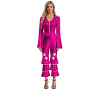 FEESHOW Retro 70s Disco Costume for Women 70s Outfits Shiny Movie Star Flare Jumpsuit Hippie Rompers Hot Pink L
