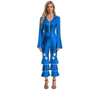 FEESHOW Retro 70s Disco Costume for Women 70s Outfits Shiny Movie Star Flare Jumpsuit Hippie Rompers Royal Blue S