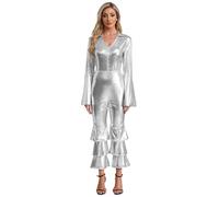 FEESHOW Retro 70s Disco Costume for Women 70s Outfits Shiny Movie Star Flare Jumpsuit Hippie Rompers Silver M