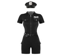 FEESHOW Sexy Women's Police Officer Costume Dirty Cop Outfits Policewoman Fancy Dress Up Uniform Set Black M