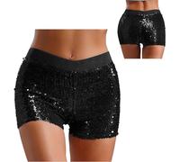 FEESHOW Shiny Sequins Shorts for Women Hip Hop Disco Dance Costume Sparkly Pole Dancing Rave Bottoms Black S