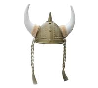 FEESHOW Viking Helmet with Horns for Adult Medieval Roman Soldier Helmet Gladiator Costume Accessories Braids Gold A One Size