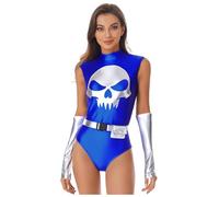 FEESHOW Womens 3 Pcs Scary Skeleton Bodysuit Costume with Belt And Fingerless Gloves for Halloween Party Cosplay Royal Blue 3XL