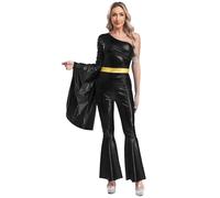 FEESHOW Women's 70s Disco Costume One Shoulder Flare Sleeve Hippie Jumpsuit Shiny Metallic Dancewear Black S