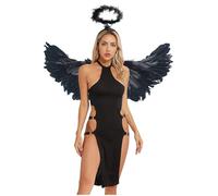 FEESHOW Womens Angel Costume Sexy Dark Angel Cosplay Sets Hollow Out Lingerie Dress with Accessories Black L