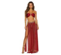 FEESHOW Women's Belly Dance Costume Belly Dance Bra And Dancing Skirts Split Mesh Hem Rave Outfits Burgundy XXL