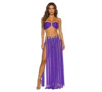 FEESHOW Women's Belly Dance Costume Belly Dance Bra And Dancing Skirts Split Mesh Hem Rave Outfits Purple 3XL