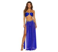 FEESHOW Women's Belly Dance Costume Belly Dance Bra And Dancing Skirts Split Mesh Hem Rave Outfits Royal Blue S
