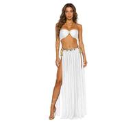 FEESHOW Women's Belly Dance Costume Belly Dance Bra And Dancing Skirts Split Mesh Hem Rave Outfits White M