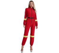 FEESHOW Womens Firefighter Uniform Costume One Piece Fireman Cosplay Outfit Rompers Jumpsuit Fancy Dress Red M