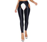 FEESHOW Womens Glossy Cutout Leggings High Waist Open Crotch Stretchy Workout Yoga Pants Skinny Pants Black XXL