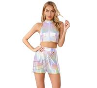 FEESHOW Womens Halloween Demon Costumes Singer Tank Top Shorts Role Play Dance Stage Outfit Set Iridescent White 3XL