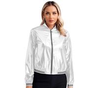 FEESHOW Womens Holographic Metallic Shiny Bomber Jacket Long Sleeve Zip Up Striped Band Outerwear Silver XL