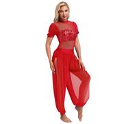FEESHOW Women's India Arab Belly Dance Jumpsuit Short Puff Sleeve Sparkle Contemporary Dance Costume Red L