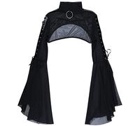 FEESHOW Women's Lace Arm Shawl Flare Sleeve Shrug Latex High Neck Patchwork Crop Top Clubwear Black A L