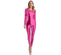 FEESHOW Womens Metallic Shiny Unitard Dancewear One Piece Long Sleeve Bodysuit Slim Full Body Jumpsuit Hot Pink XXL