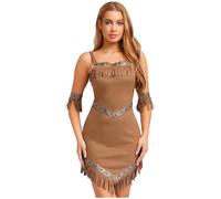 FEESHOW Womens Native American Costume, Adult Native Indian Princess Dress, Halloween Fancy Dress up Brown XL