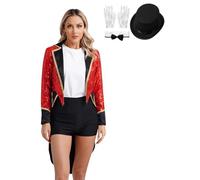 FEESHOW Women's Ring Master Costume Sparkly Circus Lion Tamer Cosplay Magician Tuxedo Outfit Set Red XXL