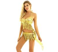 FEESHOW Womens Sequin Tassels Latin Belly Dance Bra Top with Hip Scarf Wrap Skirt for Stage Performance Gold One Size
