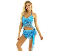 FEESHOW Womens Sequin Tassels Latin Belly Dance Bra Top with Hip Scarf Wrap Skirt for Stage Performance Lake Blue One Size