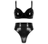 FEESHOW Womens Shiny Leather 2Pcs Lingerie Set Mini Bra Top with G-String Thongs Clubwear Black B L