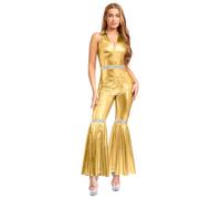 FEESHOW Women's Shiny Metallic 80s Disco Jumpsuit Halter V Neck Flared Pants for Rave Nightclub Party Gold S