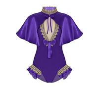 FEESHOW Womens Trapeze Artist Cosplay Costume Halloween Shiny Satin Cape Top with Leotard Bodysuit Purple XL