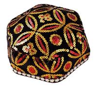 FEESHOW Xinjiang Uygur Hats with Wig Braids Chinese Traditional Hexagonal Hat Dance Cap Black Type A One Size