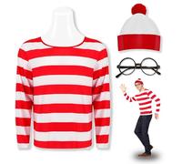 Feeziloe Men Where's Wally Kit, Top Hat Glasses Socks Costume Set, Red and White Top Fresher Costume World Book Day Fancy Dress, Halloween, School Dress up Day(L)