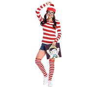 Feeziloe Women Where's Wally Kit, Top Hat Glasses Socks Costume Set, Red and White Top Fresher Costume Book Day Fancy Dress (S)