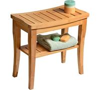 FEFE® 2 Tier Slatted Premium Natural Bamboo Wood Bathroom Stool Bench Shower Seat Shoe Rack Shelf Organizer Slatted Bamboo Multi Purpose Step Stool & Seat with Storage Shelf Indoor or Outdoor use