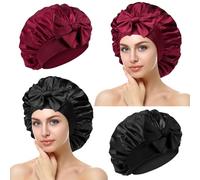 Fefod Satin Bonnet, 2PCS Soft Silk Bonnet Hair Wrap for Sleeping, Hair Bonnet for Bath, Night Hair Sleep Cap with Elastic Band, Hair Care Head Cover Hat for Women Girls Long, Straight and Curly Hair