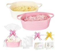 Fegat 2PCS Gift Basket Hamper Empty to Fill, Small Woven Basket with Gift Bags Pull Bows Raffia, Empty Gift Baskets Pet Storage for Baby Shower Wedding Birthday Housewarming, 30x20x12 CM, Pink+White