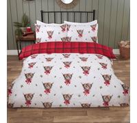 Rapport Home Fergus Reversible Duvet Cover Set - Highland Cows Red Plaid Patterned King Size Bedding Set