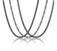 Fehki 3 PCS Chain Necklace for Men,Stainless Steel Gold Black Silver Cuban Link/Figaro/Herringbone Chains Set Jewelry Gifts, 16/18/20/22/24 Inches (Type A-Black, 40cm(16inch))