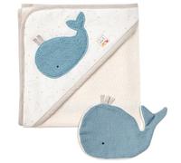 Fehn 056426 Bath Set Whale FehnNATUR - Hooded Towel and Face Cloth Made from 100% Organic Cotton - for Babies and Toddlers from 0+ Months - Size: 70 x 70 cm, 26 cm