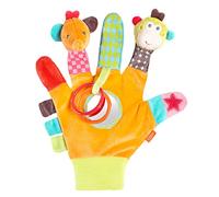 Fehn 074604 Safari Play Glove - Finger Puppet Glove Featuring a Monkey and Elephant with Rattle and Squeaker for Babies and Toddlers from Newborns Upwards